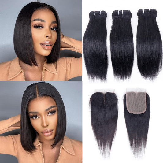 Brazilian Straight Human Hair Bundles With Closure(10 10 10+10) Straight 3 Bundles With Closure 50G/Bundle 10A Unprocessed Strai