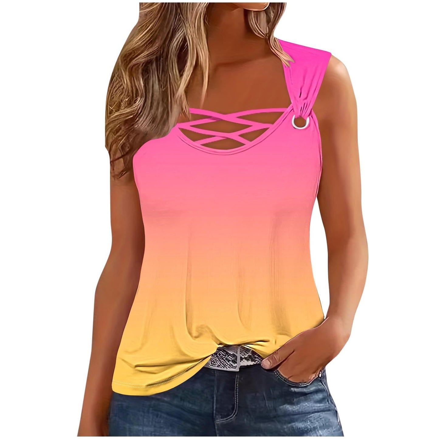 Boho Blouses for Women 2024 Tank Tops for Women Criss Cross Hollow Out Sleeveless Camisole Shirts Scoop Neck Casual Summer Basic T Shirts Extra Long Tank Tops for Women