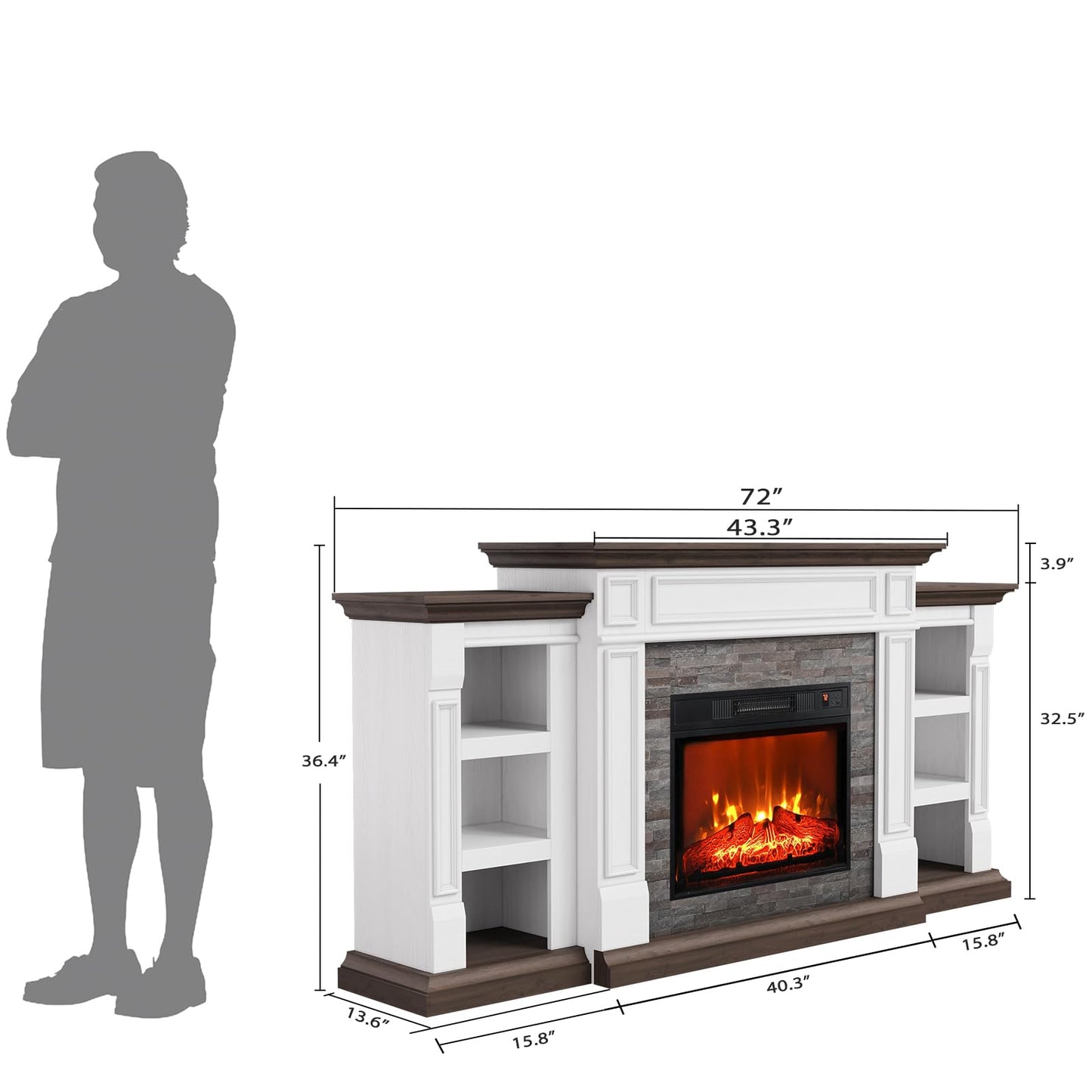 72" Electric Fireplace with Mantel, Fireplace TV Stand for TVs Up to 80 Inch, Modern Entertainment Center with Storage, Realistic Stacked Stone Surround with Remote Control for Living Room, Bedroom