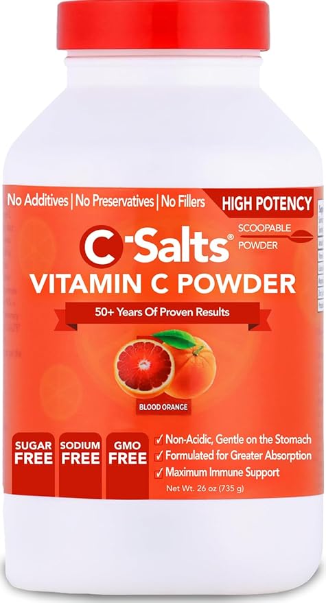 C-Salts Original Vitamin C Powder Supplement - 100% Pure High Dose Buffered Vitamin C Powder for Immune Support - Sugar-Free Powdered Drink Ascorbate, Organic, Stomach-Friendly, Blood Orange 26oz