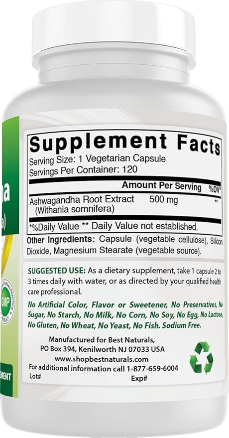 Best Naturals 3 Pack Ashwagandha Capsules for Relaxing Stress and Mood, 500 mg, 120 Count (Total 360 Capsules)