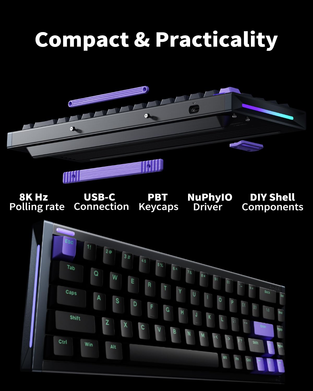 NuPhyX BH65 All-Aluminum Magnetic Gaming Keyboard,65% 68keys RGB Rapid Trigger Wired Custom Hall Effect Keyboard,PBT keycaps,Actuation Point Adjustable,8K Hz Polling Rate-Magnetic Jade Pro