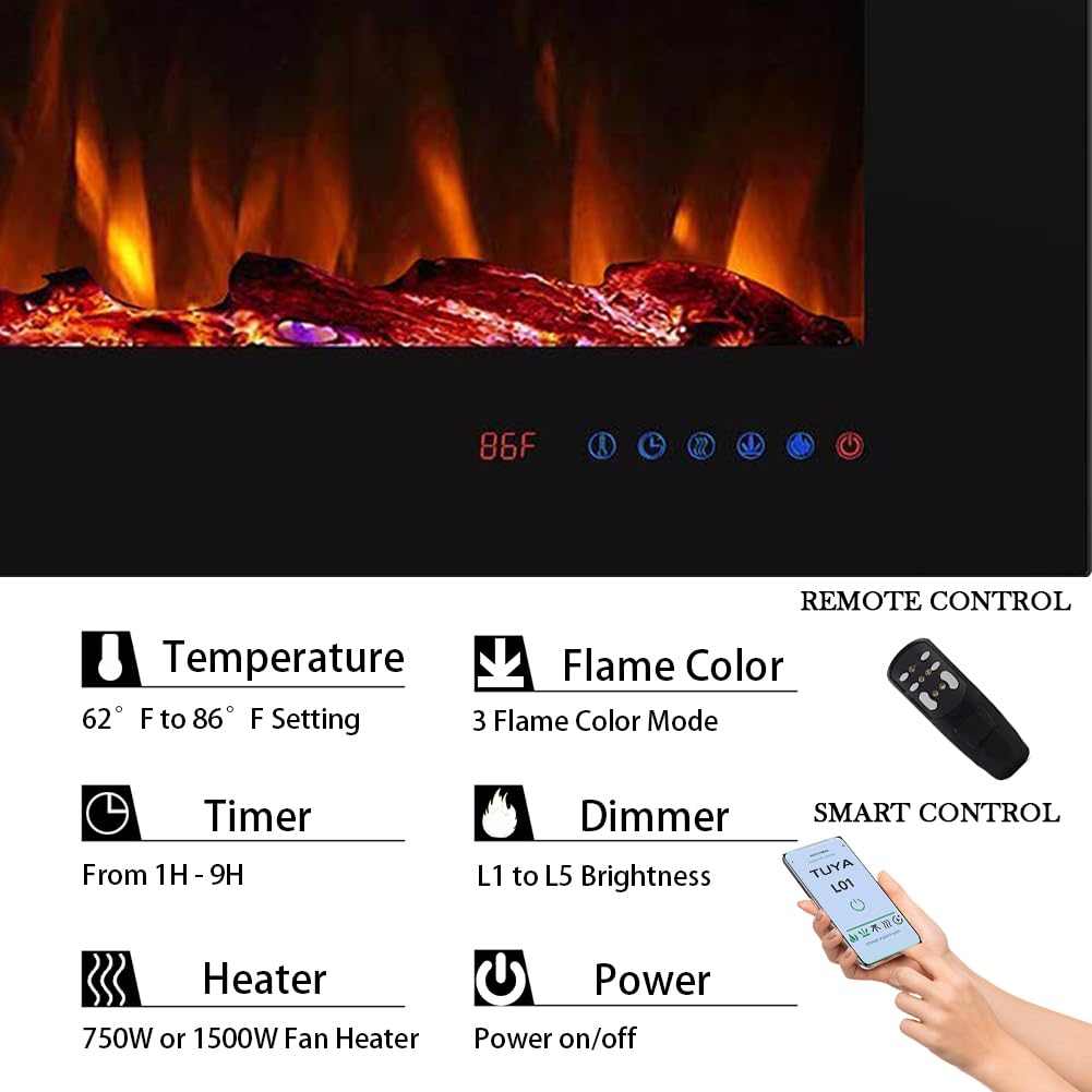 42" WiFi Smart Recessed Electric Fireplace Insert, 5 Flame Settings, Log Set or Crystal Options, Temperature Control by Touch Panel & Remote & App, 750/ 1500W Heater, Compatible with Alexa