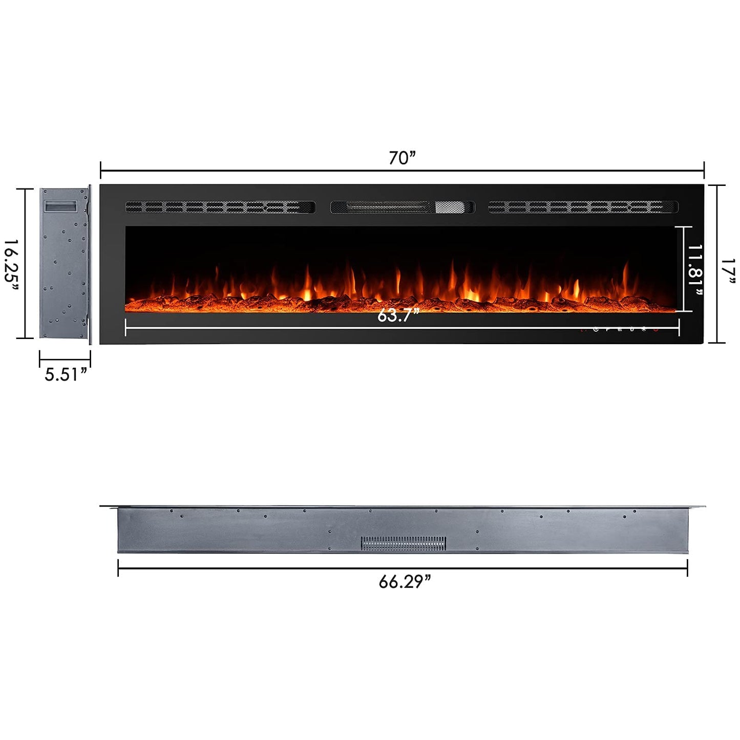 CharaVector 70 inch 750W/1500W Electric Fireplace Inserts with Remote Control in Wall Mounted, Energy Saving LED Insert Fireplace Heater Indoor Glass View with Remote Control & Touch Screen, Black
