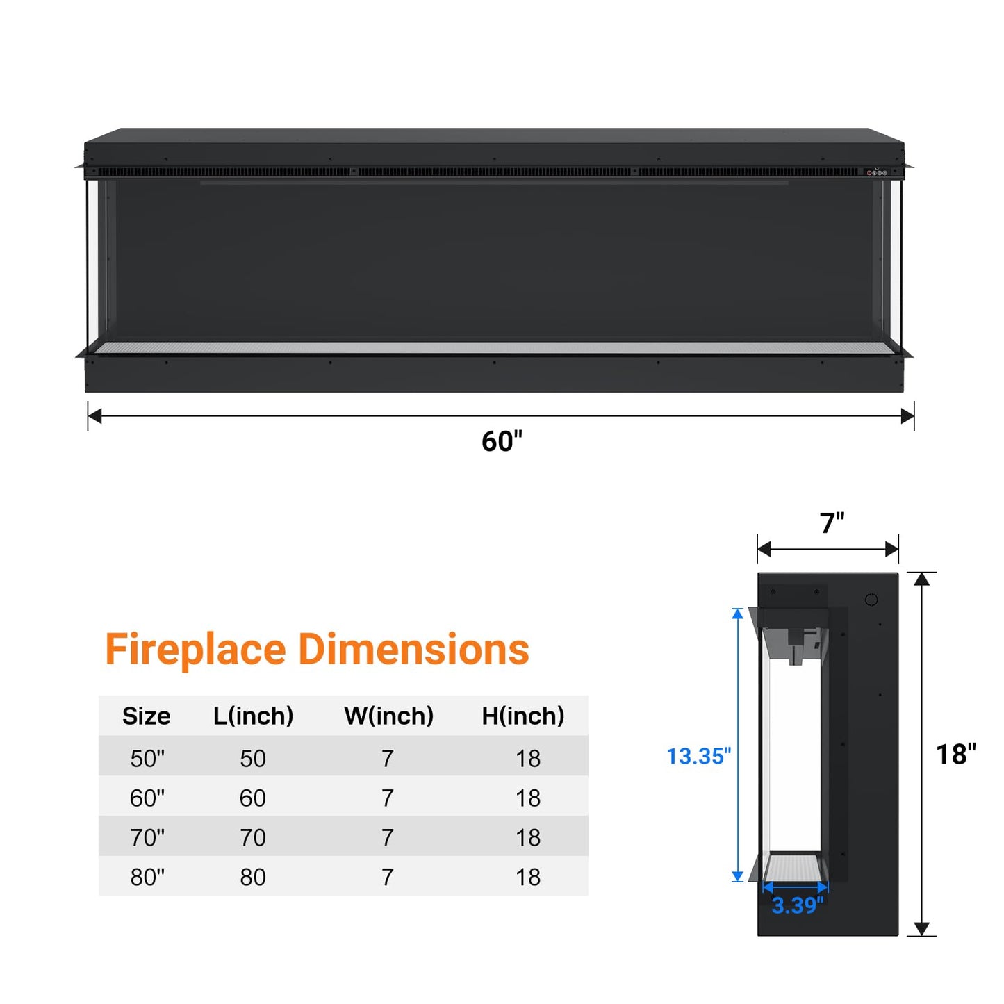 Crumisy 3 Sided Fireplace, 60 inch Fire Place Electric Fireplace Heater, with Realistic Colorful LED Flame, Remote Control, Log and Crystals