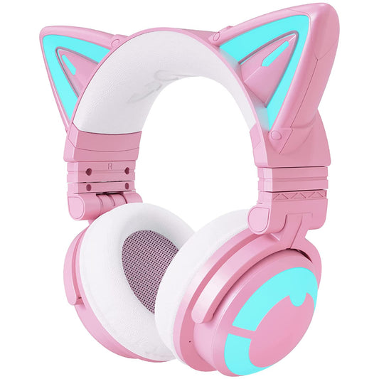 YOWU Cat Ear Headphones 3G, Headphones Over Ear, RGB Wireless/Wired 5.0 Foldable Gaming Headset with 7.1 Surround Sound, Built-in Mic & Customizable Lighting and Effect via APP(Pink)