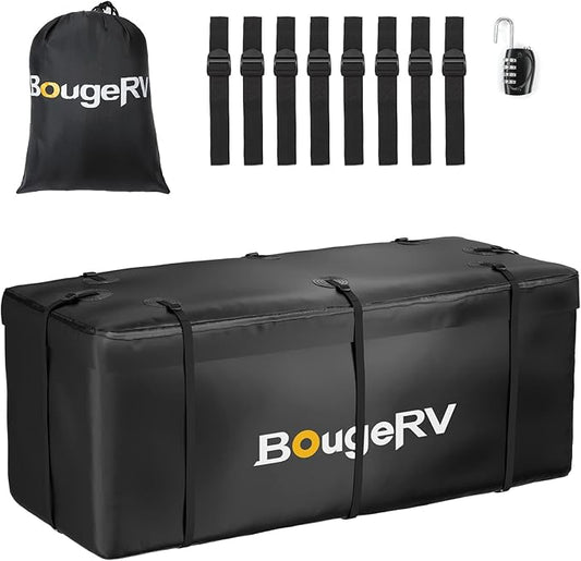 BougeRV Hitch Cargo Carrier Bag with Lock Waterproof Soft Shell 20 Cubic Feet (59" 24" 24") Cargo Bag for Hitch Carrier Include 8 Reinforced Straps for Truck Pickup RV All SUV with Hitch Cargo Basket
