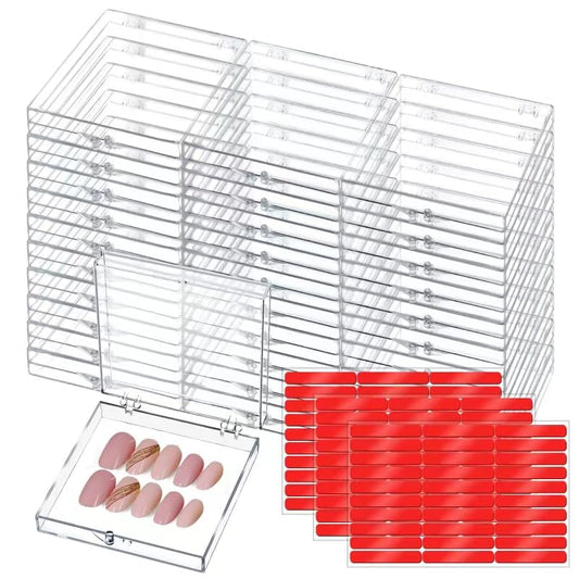 30Boxes Large (8 x 8cm) Press On Nail Packaging Storage Box and 90pcs Adhesive Tabs - Acrylic Organizer Case for Artificial Nail for Nail Business Supplies (clear, L)