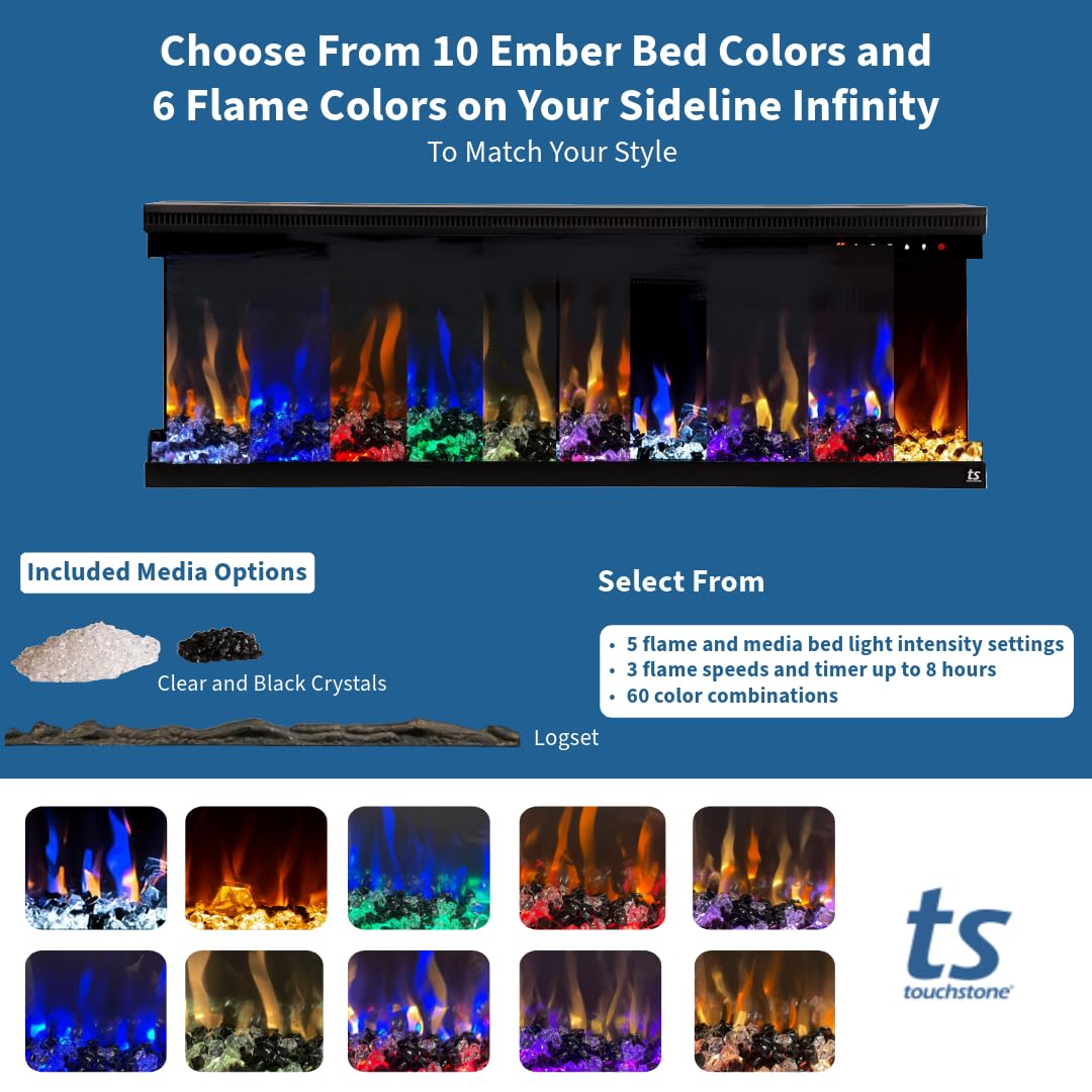 Touchstone Sideline Infinity 3-Sided Smart 72" WiFi-Enabled Electric Fireplace - 80051 - Built-in - 60 Color Combinations - 1,500W Heater- Black - Log & Crystals