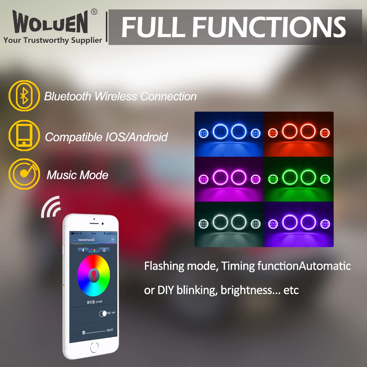 WOLUEN For Je ep JL RGBW Halo Headlights and Fog Lights Combo - Super Bright 9 Inch LED RGB Halo Headlights, 4 inch RGB Fogs For 2018-2023+ Wrangler JL Sahara Rubicon 2020-2023+ Gladiator JT