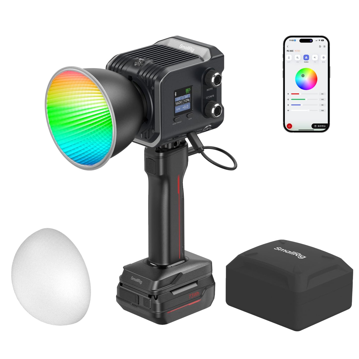 SmallRig RC 100C RGBWW LED Video Light, App Control, 100W Mini COB Continuous Output Lighting, Handheld Spotlight 2700-10000K/CRI 96+/TLCI 98+/12 Effects, 11000Lux/1m, with Battery Grip Handle, 5383