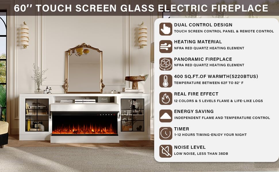 CharaVector 3-Sided Farmhouse Electric Fireplace TV Stand for TVs up to 75'', Entertainment Center with Glass Door Storage Cabinet, 60'' Large TV Stands with 30''Fireplace, White