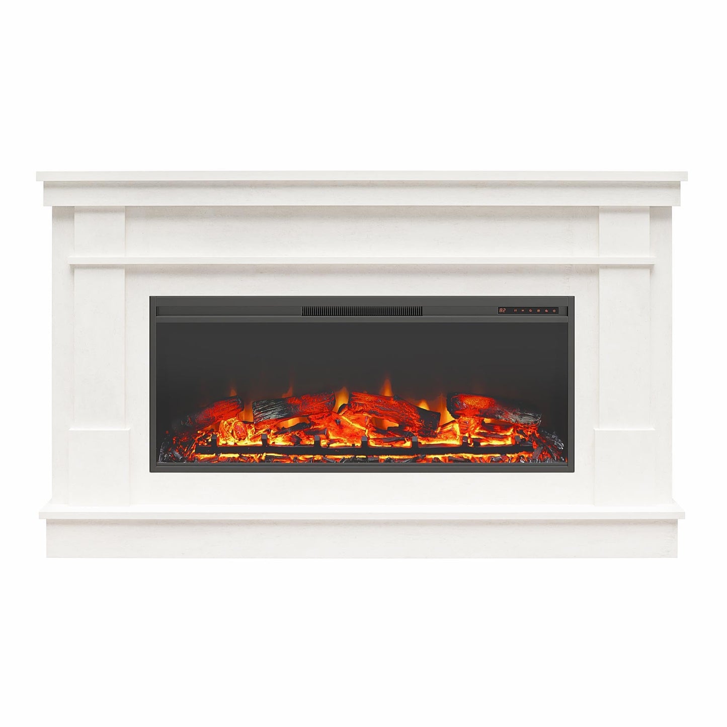 Ameriwood Home Elmcroft 64 Inch Electric Fireplace with Mantel, Replaceable Fireplace Insert Heater, Remote Control, Timer, Realistic Log and Flame Effect, for Living Room or Bedroom, Plaster