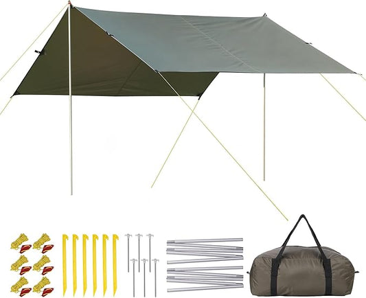 Camping Tarp, 13X9FT Hammock Tent - Waterproof and Anti-UV Protection, Portable and Lightweight, Including Tent Stakes and Carry Bag