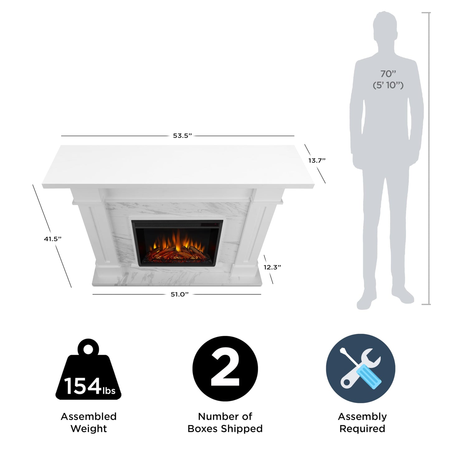 Real Flame Kipling 54" Electric Fireplace with Mantel for Living Room or Bedroom, Replaceable Fireplace Insert Heater, Realistic Log and Flame Effect, Remote Control, Timer, White with Faux Marble