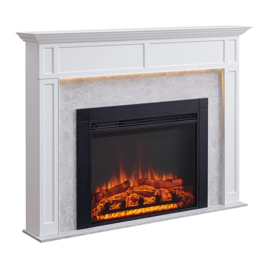 LegendFlame® Ashley Electric Fireplace with 60" Mantel Surround and Jaden 36" Insert, Cream White with Light Grey Marble Finish