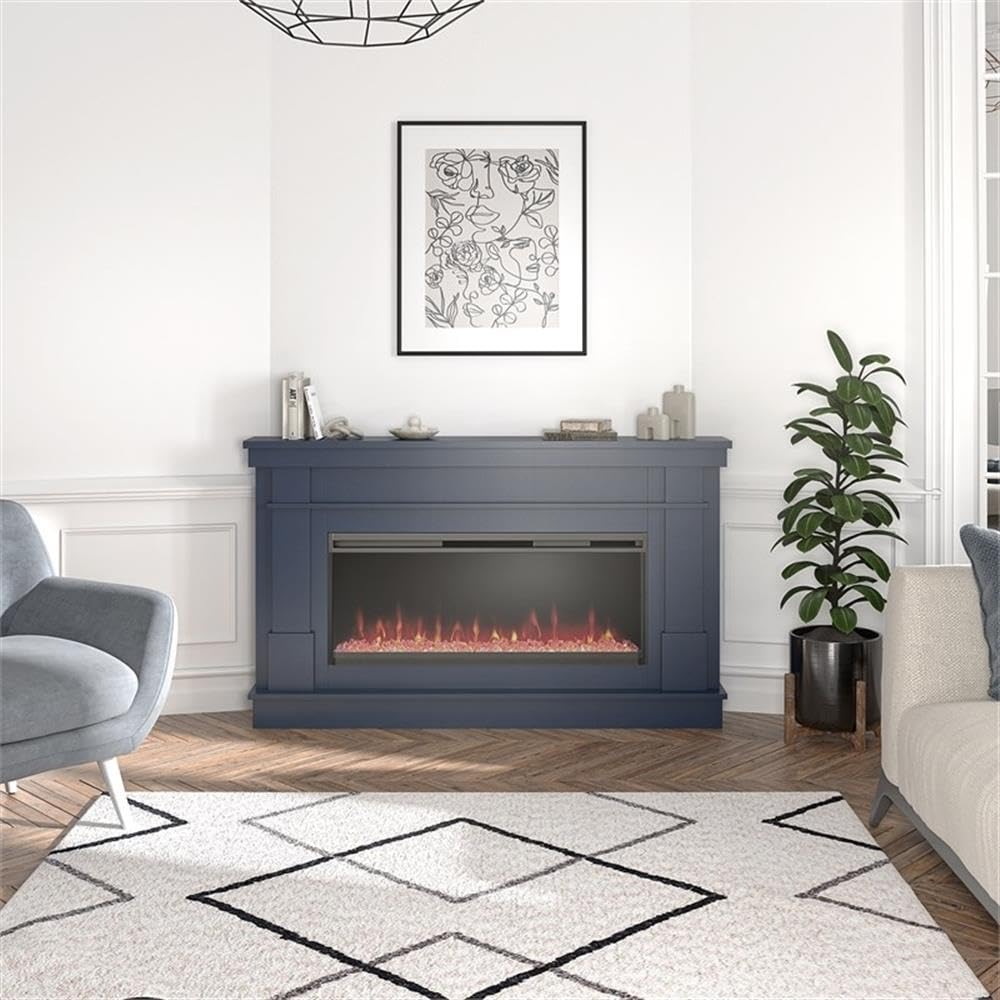 Novogratz Waverly 64 Inch Electric Fireplace with Mantel, Replaceable Fireplace Insert Heater, Remote Control, Timer, Color Changing Crystal Ember Flames, for Living Room or Bedroom, Navy