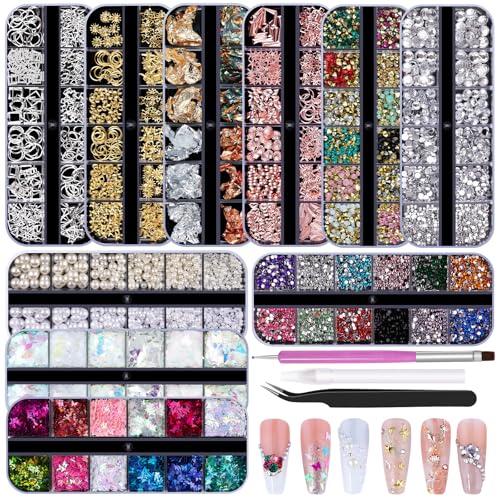 10 Boxes Nail Art Kit - 12 Colors Pointed/Flatback Rhinestones, 3D Gold/Silver/Rose Nail Studs, White Beige Half Pearls, Holographic Glitter & Foils + 3 Tools for DIY Nails & Crafts