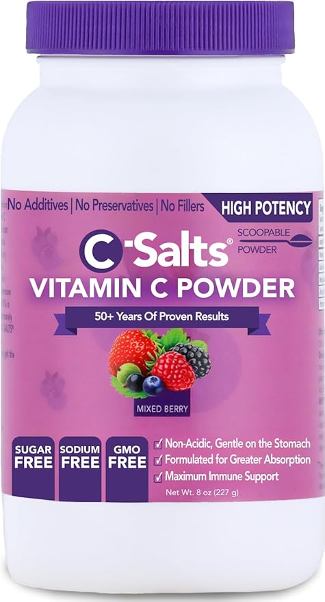 C-Salts Original Vitamin C Powder Supplement - 100% Pure High Dose Buffered Vitamin C Powder for Immune Support - Sugar-Free Powdered Drink Ascorbate, Organic, Stomach-Friendly, Mixed Berry 8oz