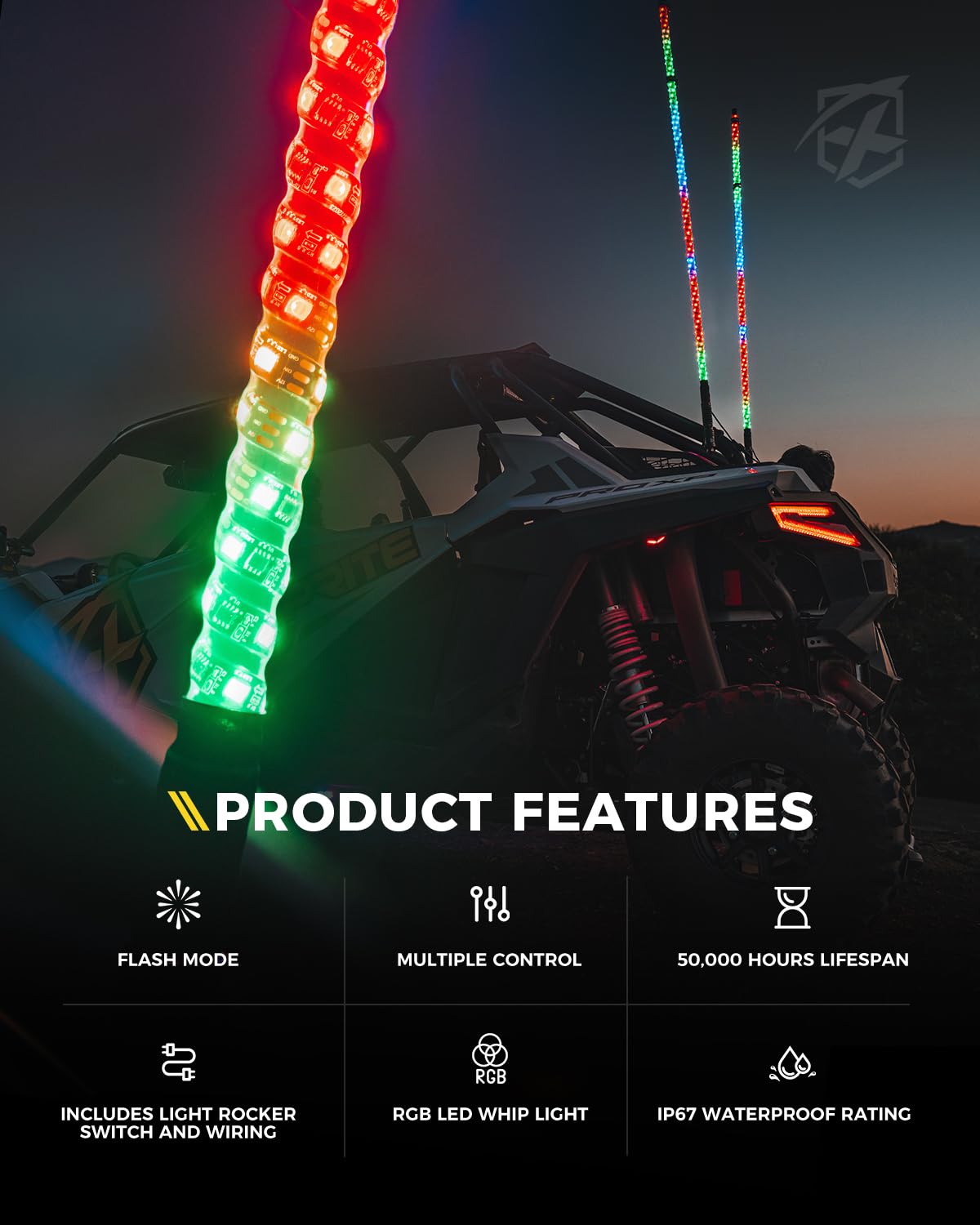 Xprite 2PC 4FT Spiral RGB LED Whip Light with Spring Base, App & Remote Control Stop Turn Reverse Brake Lights Chasing Antenna Lighted Whips, Compatible with SXS ATV UTV Polaris RZR Can-am Jeep