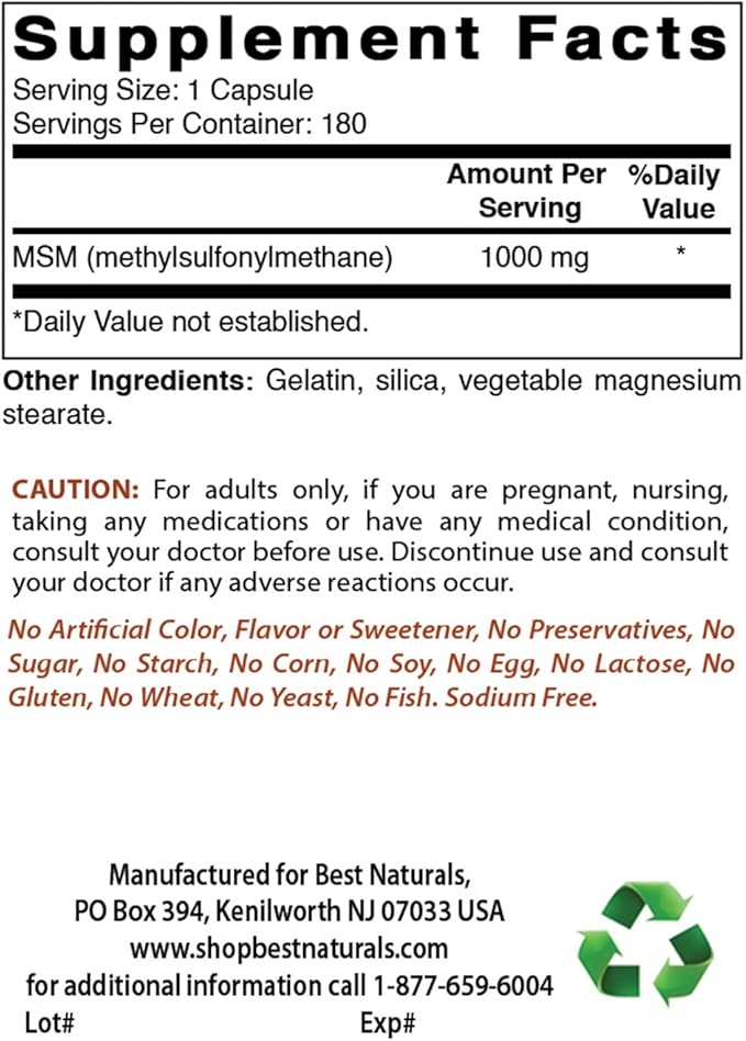 Best Naturals MSM 1000 mg 180 Capsules (180 Count (Pack of 2))