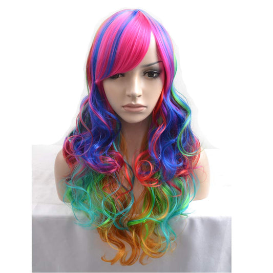 BERON Rainbow Wig Long Wavy Wig Colorful Wig with Bangs for Women Rainbow Wig Long Curly Wig Rainbow Wig Synthetic Wig with Wig Cap