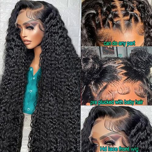 30 Inch Water Wave Lace Front Wigs Human Hair 13x6 HD Lace Frontal Wigs 200% Density Wet and Wavy Glueless Wigs Human Hair Pre Plucked With Baby Hair Deep Part Curly Wig for Women
