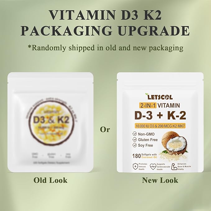 2-in-1 Vitamin D3 K2 Supplement Softgel, Vitamin D3 10000 IU and Vitamin K2 200 mcg, K2 MK7 with D3 Vitamin Supplement Support Immune, Heart, Joint, Teeth & Bone Health