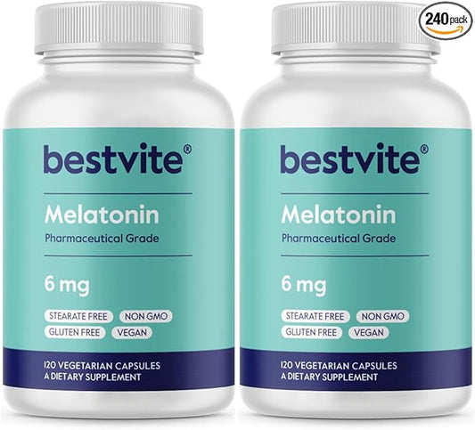 BESTVITE Melatonin 6mg (240 Vegetarian Capsules) (120 x 2) - No Stearates - Vegan - Non GMO - Gluten Free