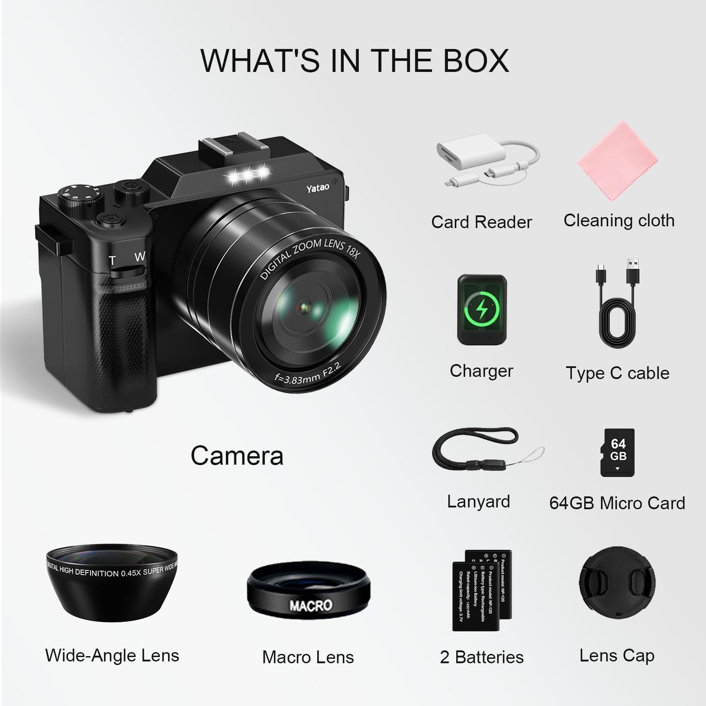Yatao Digital Camera with WiFi, 4K 5K 64MP Photography Camera Kit for YouTube, Front and Rear Dual Camera for Convenient Selfie, Equipped with 64GB Micro Card, Wide & Macro Lens, Card Reader