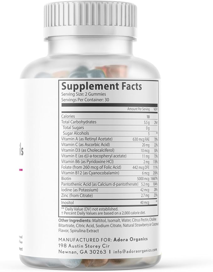 Hair Skin and Nails Gummies, Extra Strength Biotin Gummies with Folic Acid, Inositol and Vitamins, PCOS Symptom Relief & Hormone Balance, Sugar-Free Strawberry & Coconut Flavor, 60 Gummies