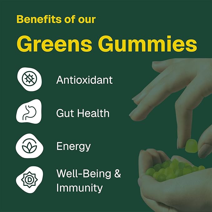 Greens Superfood Gummies, Boost Energy, Gut & Immune Support, Sugar-Free, Vegan with Broccoli, Spinach, Kale, Spirulina, Chlorella, Probiotics & Multivitamin, Apple Flavor, 60 Count