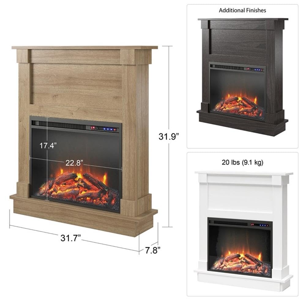 Ameriwood Home Ellsworth Fireplace with Mantel, White - Cozy Electric Heater for Home & Kitchen, 400 sq. ft. Heating, Remote Control, Neutral Finish