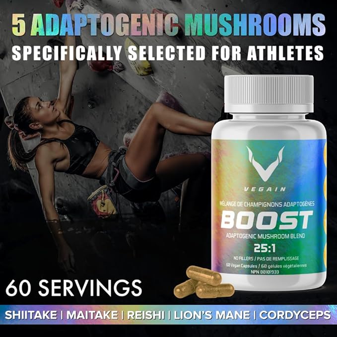 Boost Adaptogenic Mushroom Blend | 60 Servings, High Potency 25:1 Extract | Maitake, Shiitake, Reishi, Cordyceps, Lion's Mane - Supports Stress Reduction, Enhanced Endurance & Energy - 60 Vegan Caps