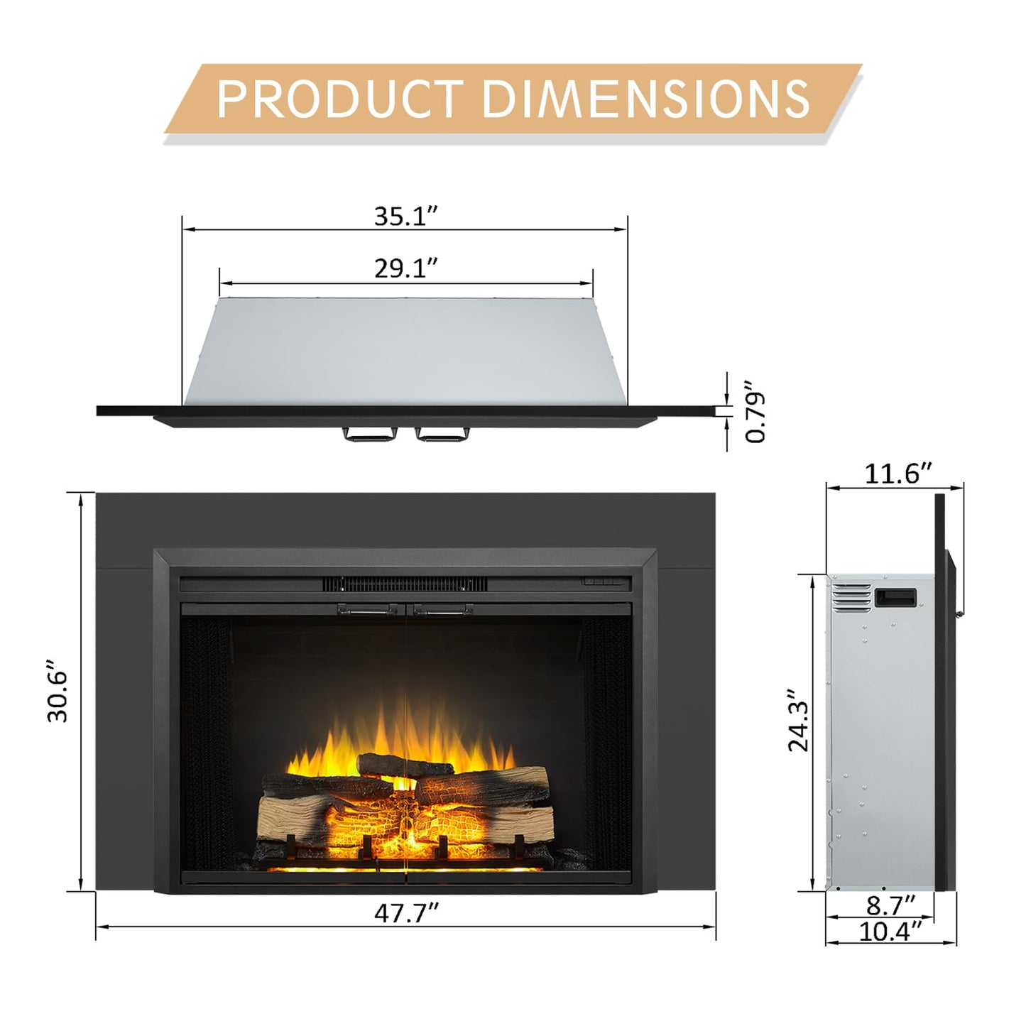 LegendFlame Damon 39 Inches Electric Fireplace Insert with Trim Kit, Glass Door and Mesh Screen, Fireplace Heater 750/1500W, Fire Crackling Sound, Adjustable Flame Speed, Remote Control, Black