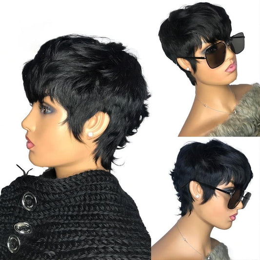 RICONEY Short Bob Wigs for Black Women Human Hair Pixie Cut Wig with Bangs Glueless Short Pixie Wig Layered None Lace Front Wig Full Machine Made 1B Color