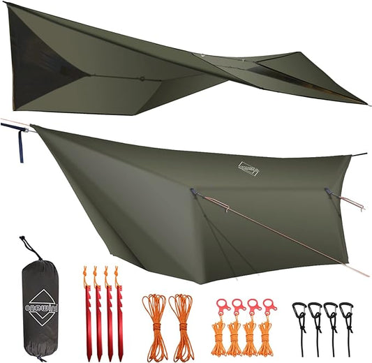 onewind 12ft Hammock Tarp, Ultralight Tarp Silnylon Hammock Rain Fly Lightweight Waterproof Camping Tent Tarp with Doors, Easy to Setup with Stuff Sack, Tent Stakes, OD Green