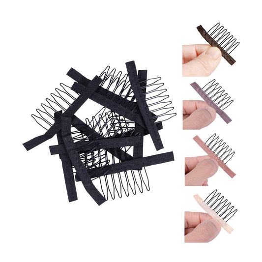 YANTAISIYU 50 pcs/lot Wig Combs for Making Wig Caps 7-teeth Hair Clips Steel Teeth with Cloth Wig Combs for Hairpiece Caps (Black)