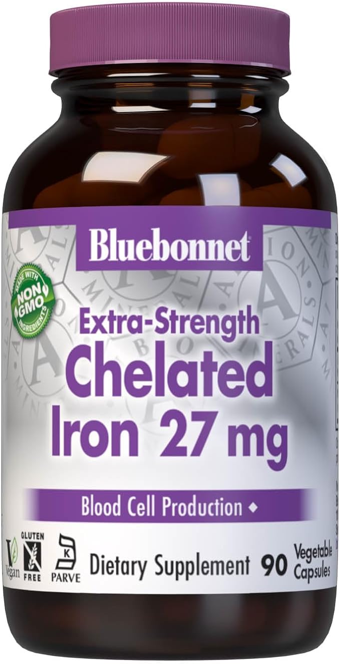 Bluebonnet Nutrition Albion Extra-Strength Chelated Iron 27 mg, For Healthy Red Blood Cell production*, Soy-Free, Gluten-Free, Non-GMO, Kosher, Dairy-Free, Vegan, 90 Vegetable Capsule, 90 Serving