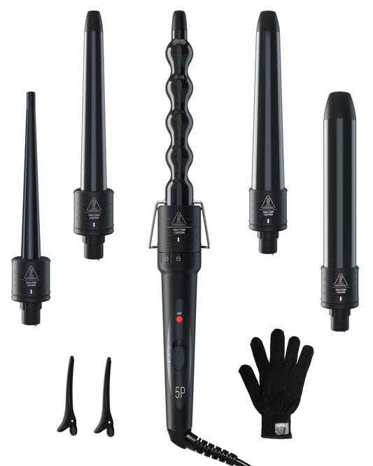 5 in 1 Curling Wand Set: Ohuhu Curling Iron Wand 5Pcs 0.35 to 1.25 Inch Interchangeable Ceramic Barrel Heat Protective Glove 2 Clips Dual Voltage Hair Curler for Girls Women Mother's Day Gift Black