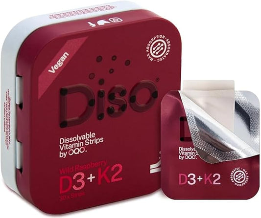 DISO - D3+K2 - Dissolvable Supplement Oral Strips, Wild Raspberry Flavor, Vegan, Sugar Free, Maximum Absorption, Gluten Free, Individually Wrapped, for Healthy Bones and Teeth, 30 Count