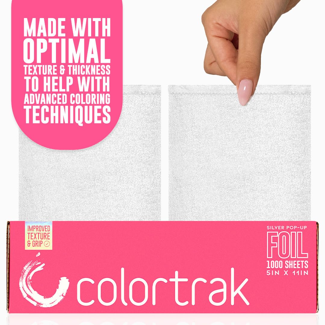 Colortrak Embossed Sheets Silver Aluminum Foil Pop-up Dispenser, 1000 Pre-cut Sheets Non-slip Textured Silver 5 x 11 Sheets for Hair Foil Coloring and Highlighting Sheet Applications