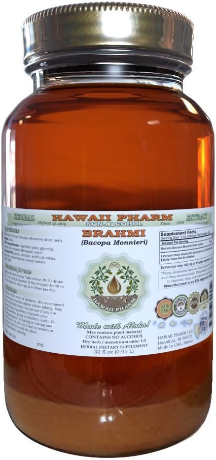 Brahmi Alcohol-Free Liquid Extract, Organic Brahmi Liquid (Bacopa Monnieri) Whole Herb Dried Glycerite Hawaii Pharm Natural Herbal Supplement 32 oz Unfiltered