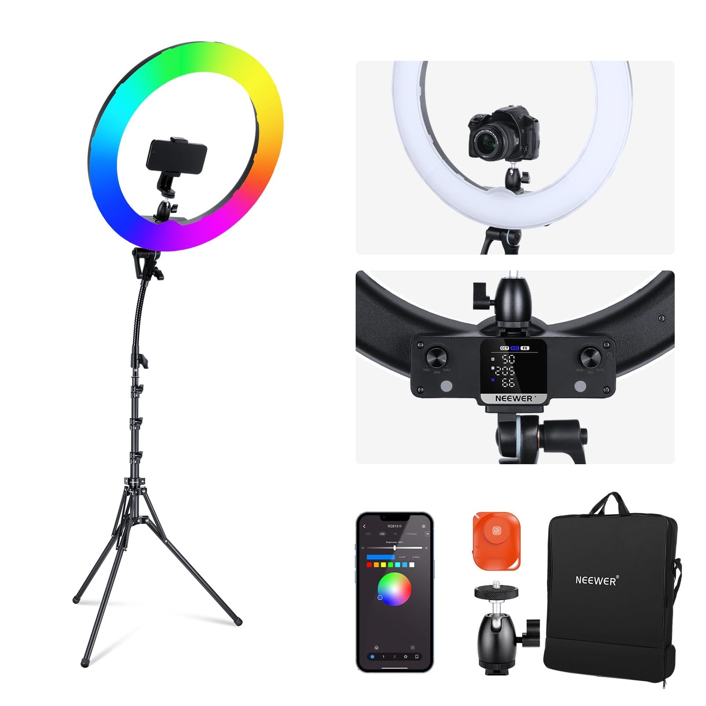 NEEWER 18 Inch RGB LED Ring Light APP Control with Tripod Stand and Phone HolderCompatible with iPhone for Selfie Makeup Lash Studio Streaming Video Recording Lighting, 42W Ringlight Dimmable,RGB18 II