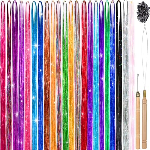 22 Colors 4400 Strands Hair Tinsel Strands Kit 47 Inches Sparkling Party Tinsel Hair Extensions Highlights Multi-Colors Synthetic Hair Streak Bling（22 color/set）
