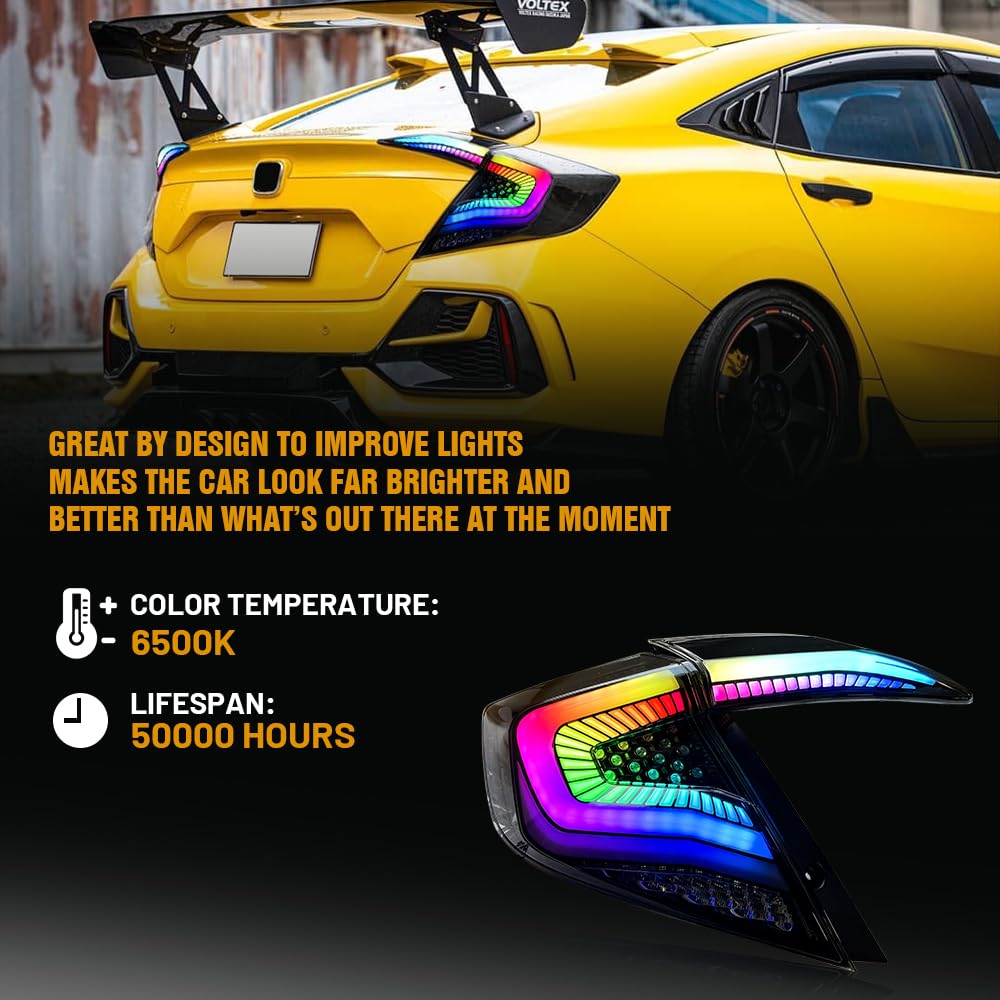 T T-ABC New RGB Taillight Compatible with Honda Civic 2016-2021 Tail Light Sedan Touring Sport EX EXL LX Rear Lights 10th Gen Accessories LED Sequential Custom Back Replacement (Starry S Multicolored)