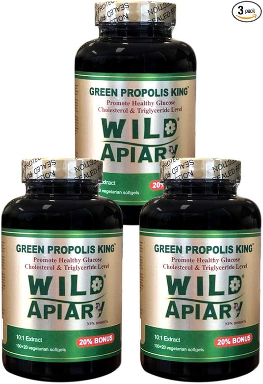 3 Bottles of Wild Apiary Brazilian Green Bee Propolis King Vegetable Softgels (120 caps)-Non Alcoholic, Wax Free, Sugar Free,