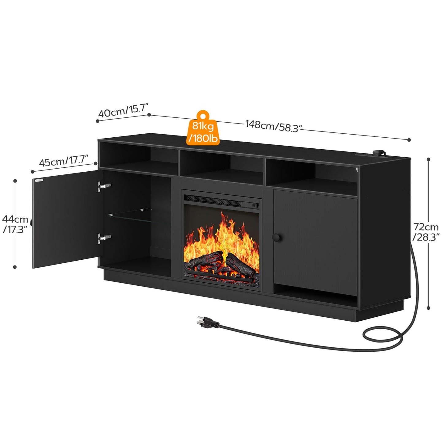 HOOBRO Electric Fireplace TV Stand with Charging Station and LED Lights, Black TV Stand with Fireplace for 32" 43" 50" 55" 65", Entertainment Center with Adjustable Glass Shelves, Black BK88UDDS01