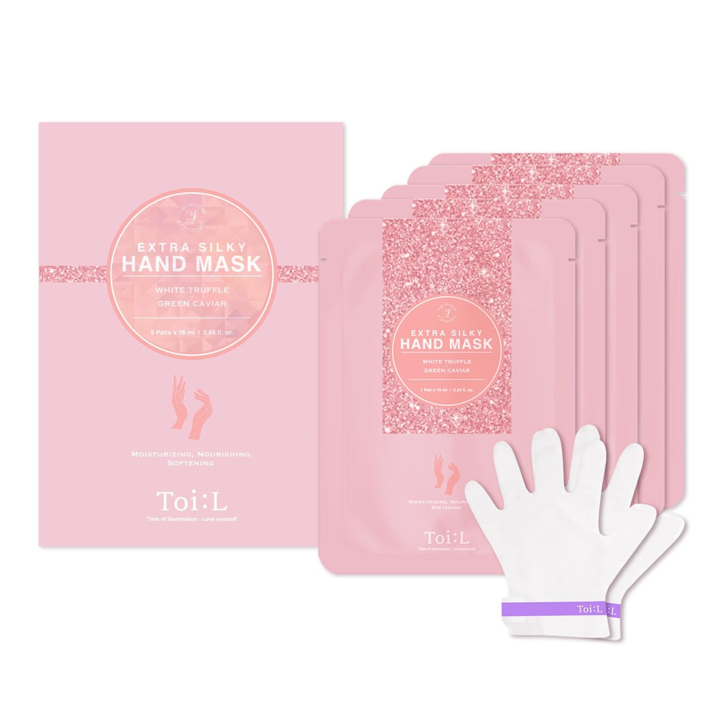 Toi:L Extra Silky Hand Mask 5 Pairs, Moisturizing Gloves for Dry Hands with White Truffle, Green Caviar & Peptides, Repairing and Softening Hand Care Treatment for Aging, Cracked, and Dry Skin