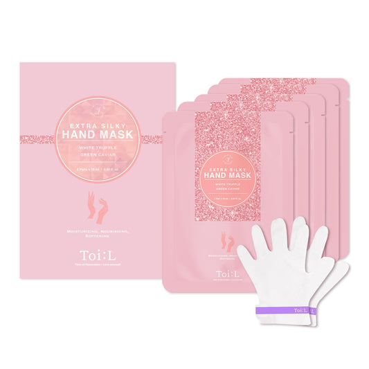 Toi:L Extra Silky Hand Mask 5 Pairs, Moisturizing Gloves for Dry Hands with White Truffle, Green Caviar & Peptides, Repairing and Softening Hand Care Treatment for Aging, Cracked, and Dry Skin